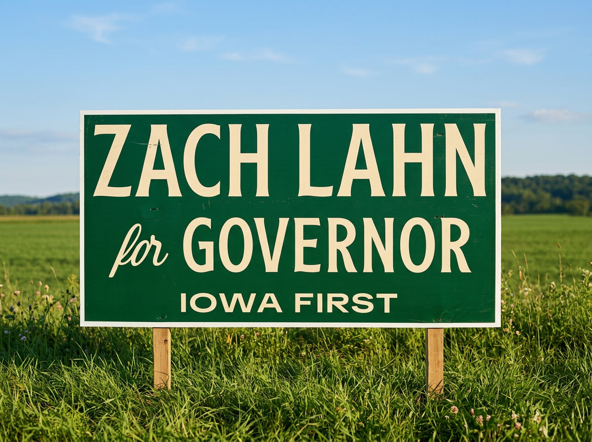 Zach Lahn for Governor barn sign standing in an Iowa field