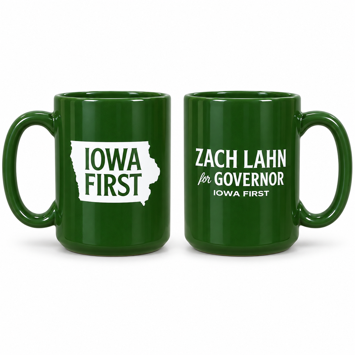 Forest green mug with white Iowa First state logo on one side and Zach Lahn for Governor on the other