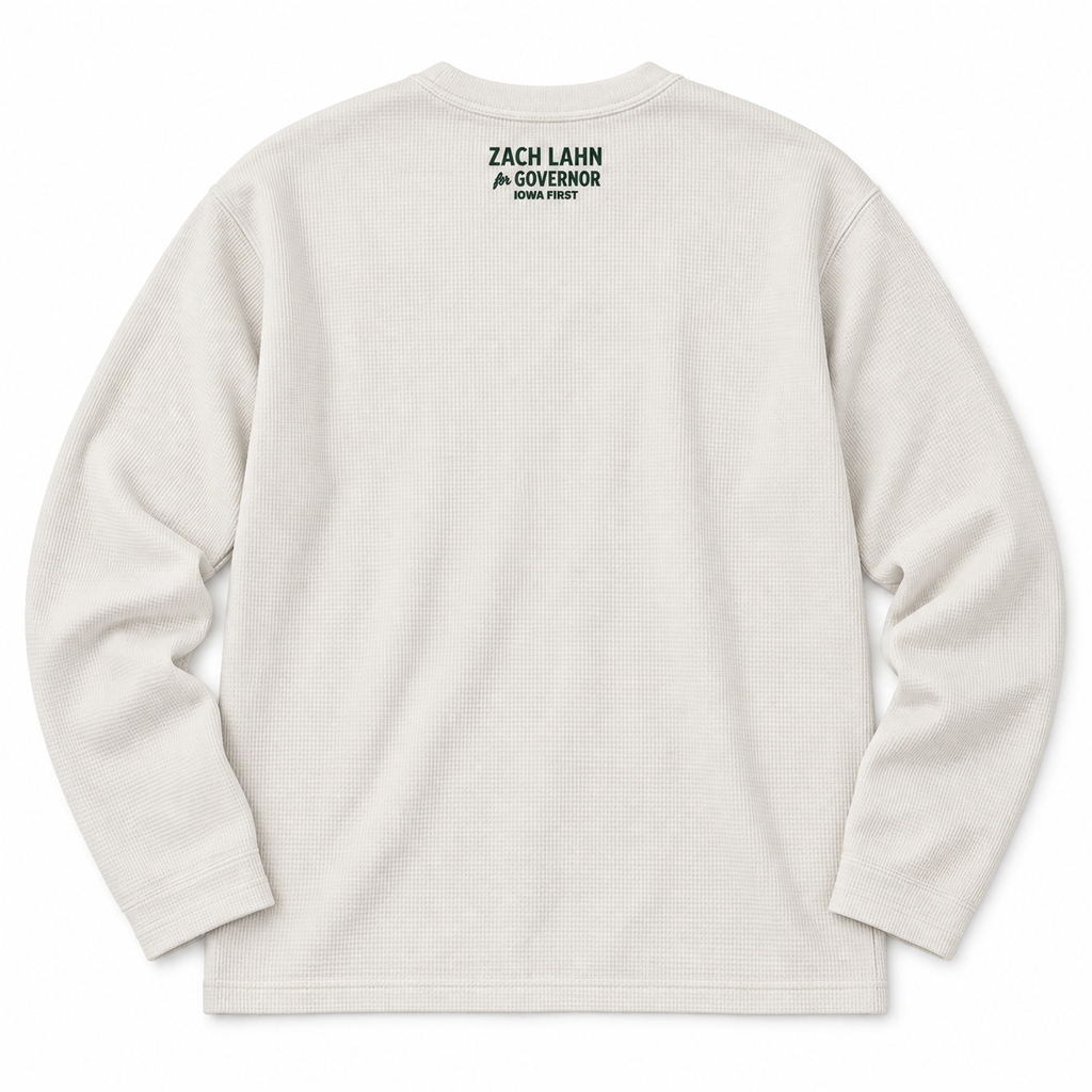 Back of cream waffle knit sweater with Zach Lahn for Governor Iowa First embroidered at the neck