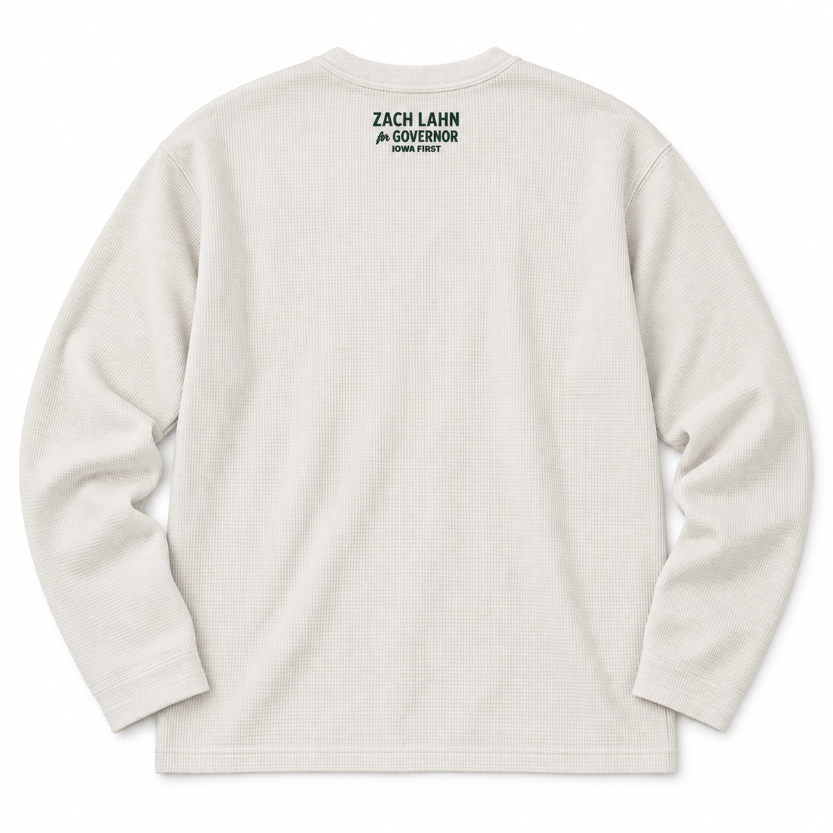 Back of cream waffle knit sweater with Zach Lahn for Governor Iowa First embroidered at the neck