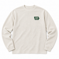 Cream waffle knit sweater with Iowa First state mark embroidered in green on the left chest