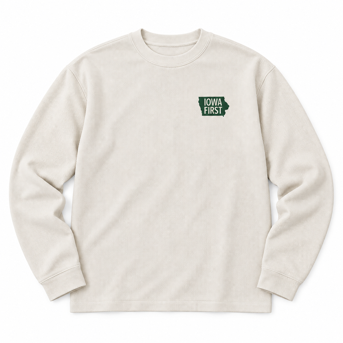 Cream waffle knit sweater with Iowa First state mark embroidered in green on the left chest