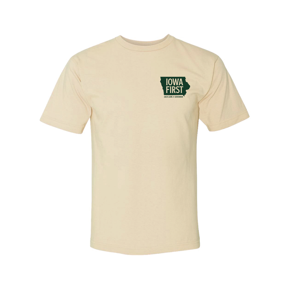 Cream tee front with forest green Iowa First left chest logo