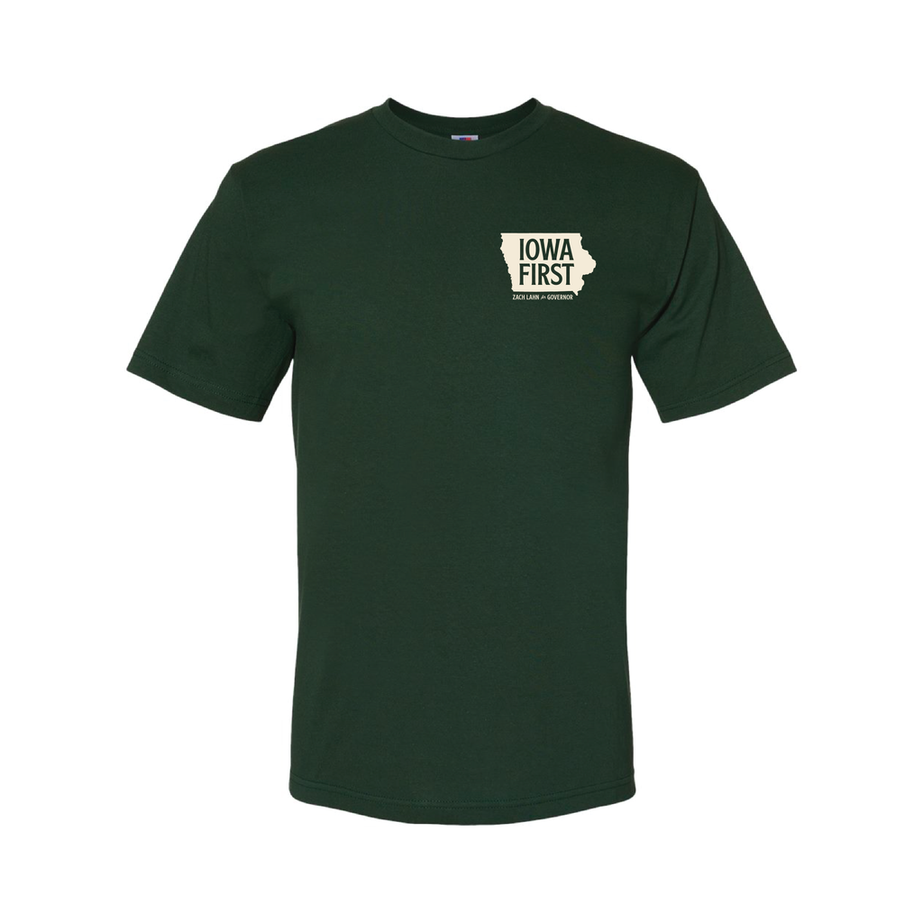 Forest green tee front with cream Iowa First left chest logo