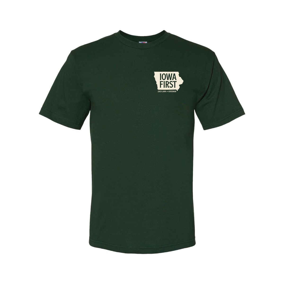 Forest green tee front with cream Iowa First left chest logo