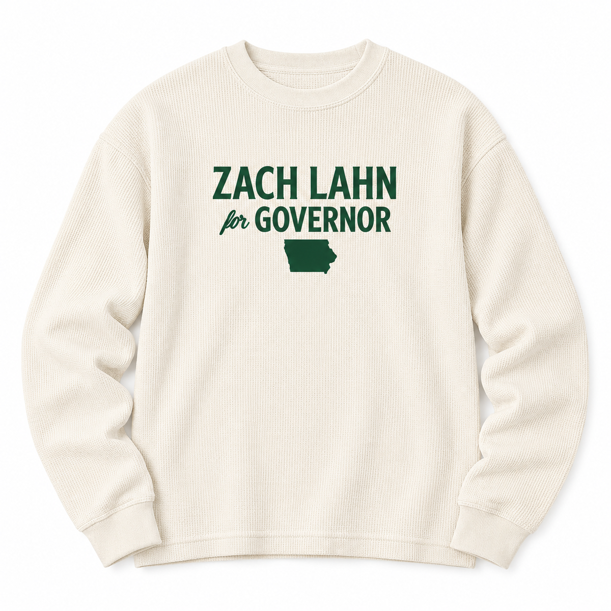 Cream waffle knit sweater with green Zach Lahn for Governor print and Iowa state outline